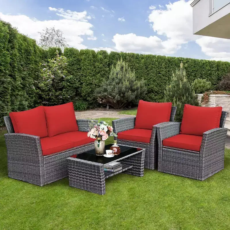 Costway Ensemble de Meubles de Patio en Rotin 4 Pièces Canapé Table Étagère de Rangement Coussins Rouge/Gris