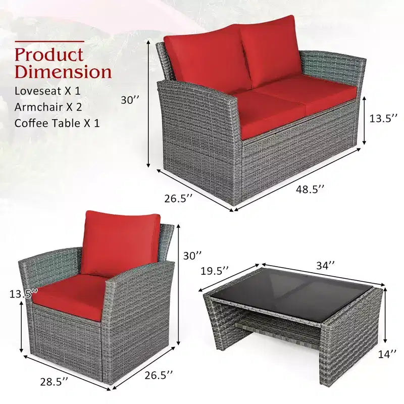 Costway Ensemble de Meubles de Patio en Rotin 4 Pièces Canapé Table Étagère de Rangement Coussins Rouge/Gris