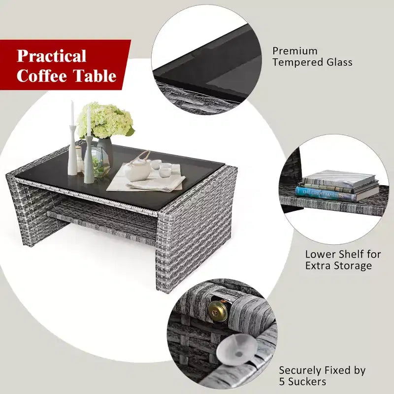 Costway Ensemble de Meubles de Patio en Rotin 4 Pièces Canapé Table Étagère de Rangement Coussins Rouge/Gris
