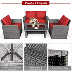 Costway Ensemble de Meubles de Patio en Rotin 4 Pièces Canapé Table Étagère de Rangement Coussins Rouge/Gris