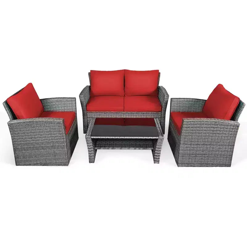 Costway Ensemble de Meubles de Patio en Rotin 4 Pièces Canapé Table Étagère de Rangement Coussins Rouge/Gris