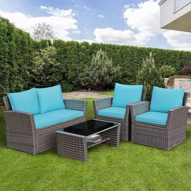 Costway Ensemble de Meubles de Patio en Rotin 4 Pièces Canapé Table Étagère de Rangement Coussins Rouge/Gris