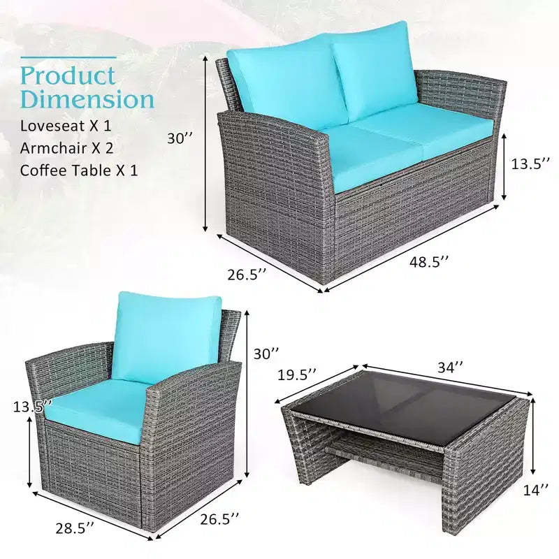Costway Ensemble de Meubles de Patio en Rotin 4 Pièces Canapé Table Étagère de Rangement Coussins Rouge/Gris