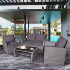 Costway Ensemble de Meubles de Patio en Rotin 4 Pièces Canapé Table Étagère de Rangement Coussins Rouge/Gris