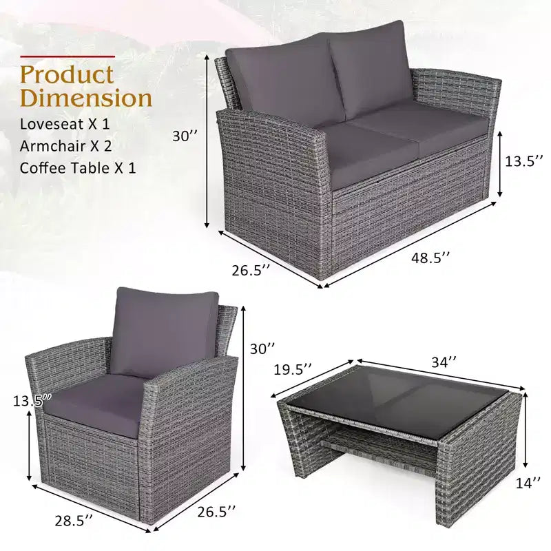 Costway Ensemble de Meubles de Patio en Rotin 4 Pièces Canapé Table Étagère de Rangement Coussins Rouge/Gris