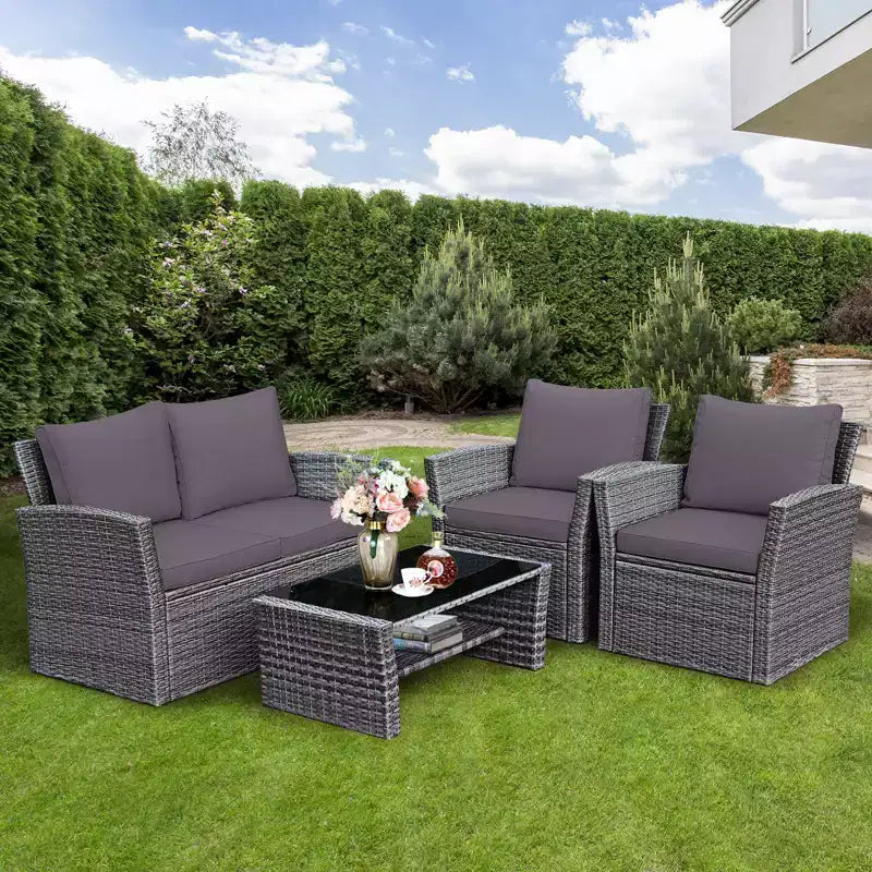 Costway Ensemble de Meubles de Patio en Rotin 4 Pièces Canapé Table Étagère de Rangement Coussins Rouge/Gris