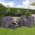 Costway Ensemble de Meubles de Patio en Rotin 4 Pièces Canapé Table Étagère de Rangement Coussins Rouge/Gris