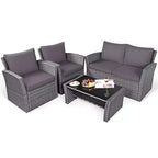 Costway Ensemble de Meubles de Patio en Rotin 4 Pièces Canapé Table Étagère de Rangement Coussins Rouge/Gris