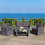 Costway 4PCS Patio Rattan Furniture Set Sofa Table W/Storage Shelf Red\Gray Cushion