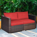 Costway 2PCS Patio Rattan Corner Sofa Sectional Furniture Set Black Cushion Black\Red