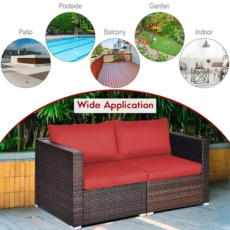 Costway 2PCS Patio Rattan Corner Sofa Sectional Furniture Set Black Cushion Black\Red