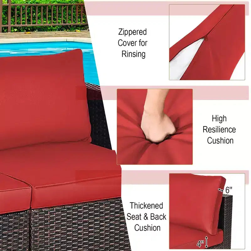 Costway 2PCS Patio Rattan Corner Sofa Sectional Furniture Set Black Cushion Black\Red