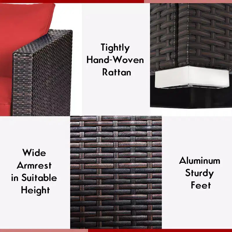 Costway 2PCS Patio Rattan Corner Sofa Sectional Furniture Set Black Cushion Black\Red