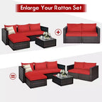 Costway 2PCS Patio Rattan Corner Sofa Sectional Furniture Set Black Cushion Black\Red