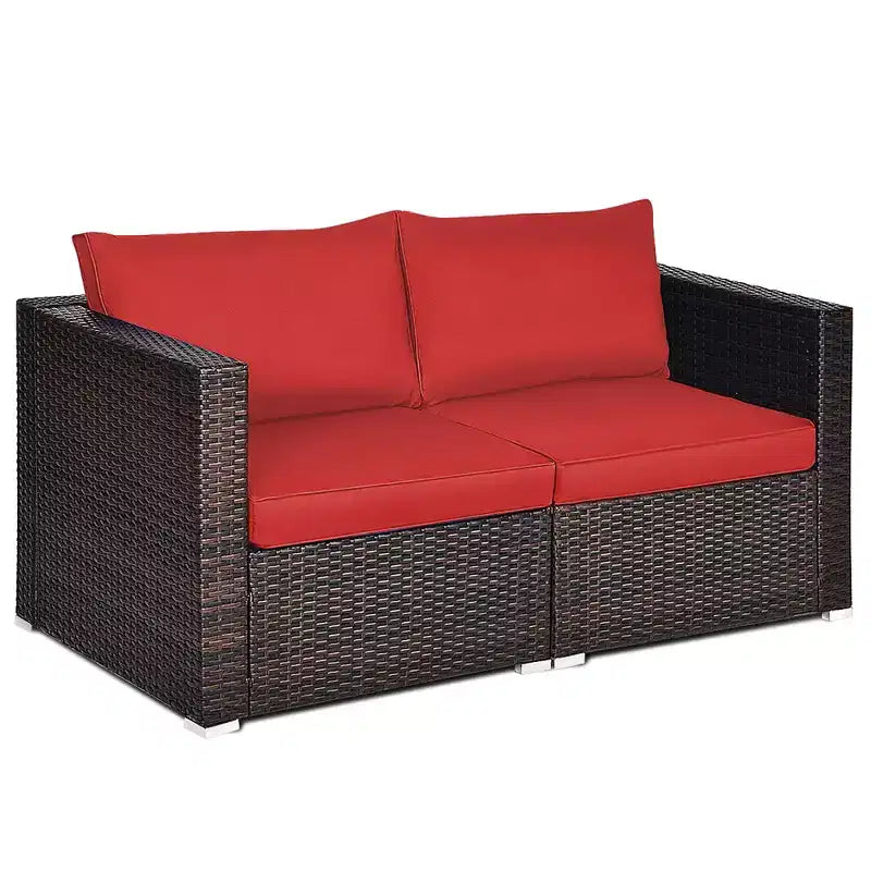 Costway 2PCS Patio Rattan Corner Sofa Sectional Furniture Set Black Cushion Black\Red