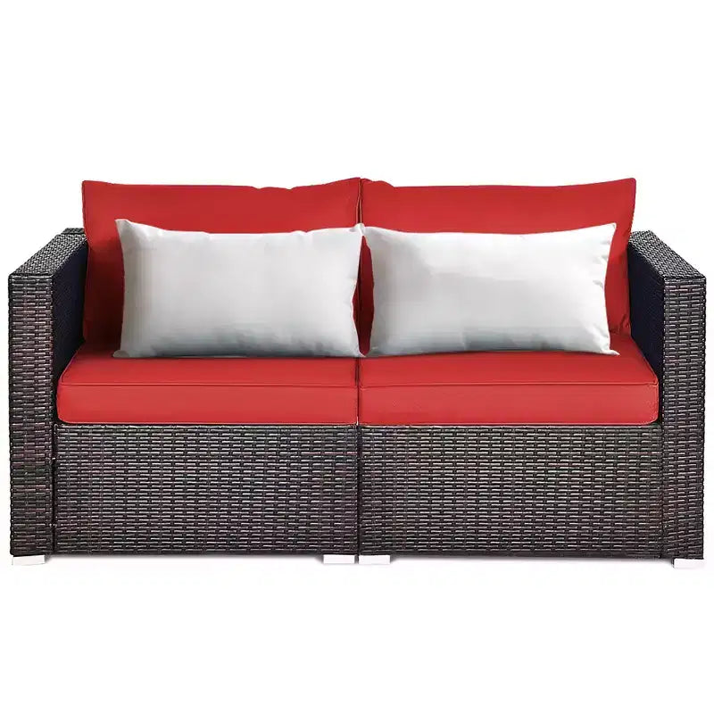 Costway 2PCS Patio Rattan Corner Sofa Sectional Furniture Set Black Cushion Black\Red