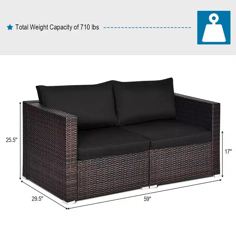 Costway 2PCS Patio Rattan Corner Sofa Sectional Furniture Set Black Cushion Black\Red