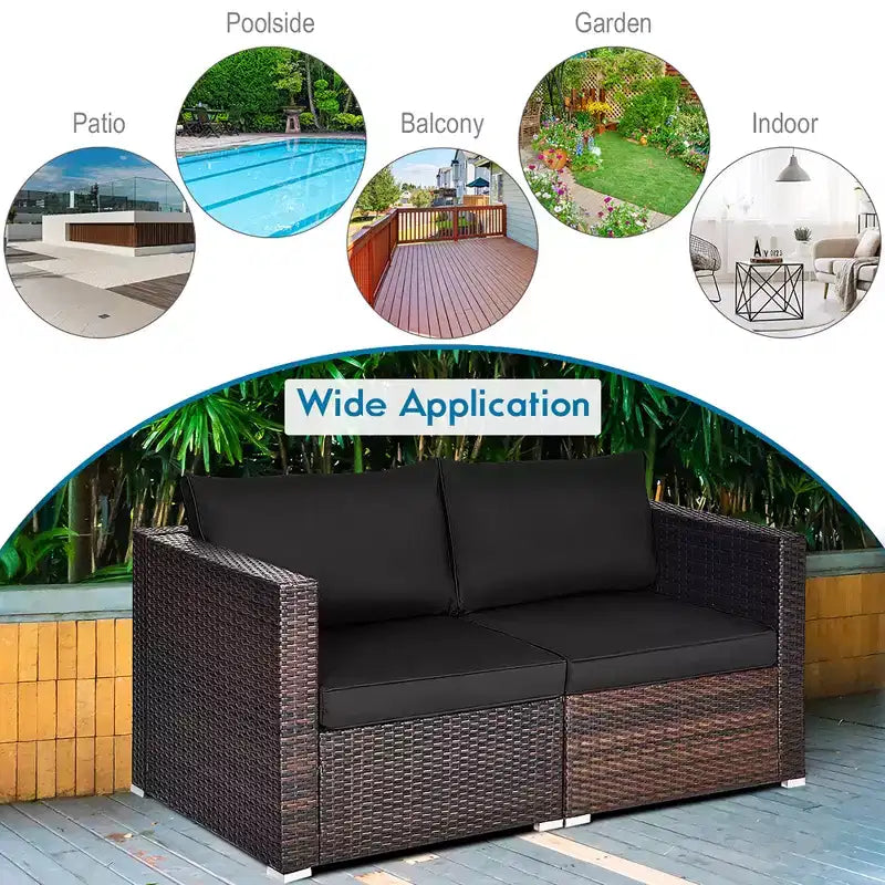 Costway 2PCS Patio Rattan Corner Sofa Sectional Furniture Set Black Cushion Black\Red