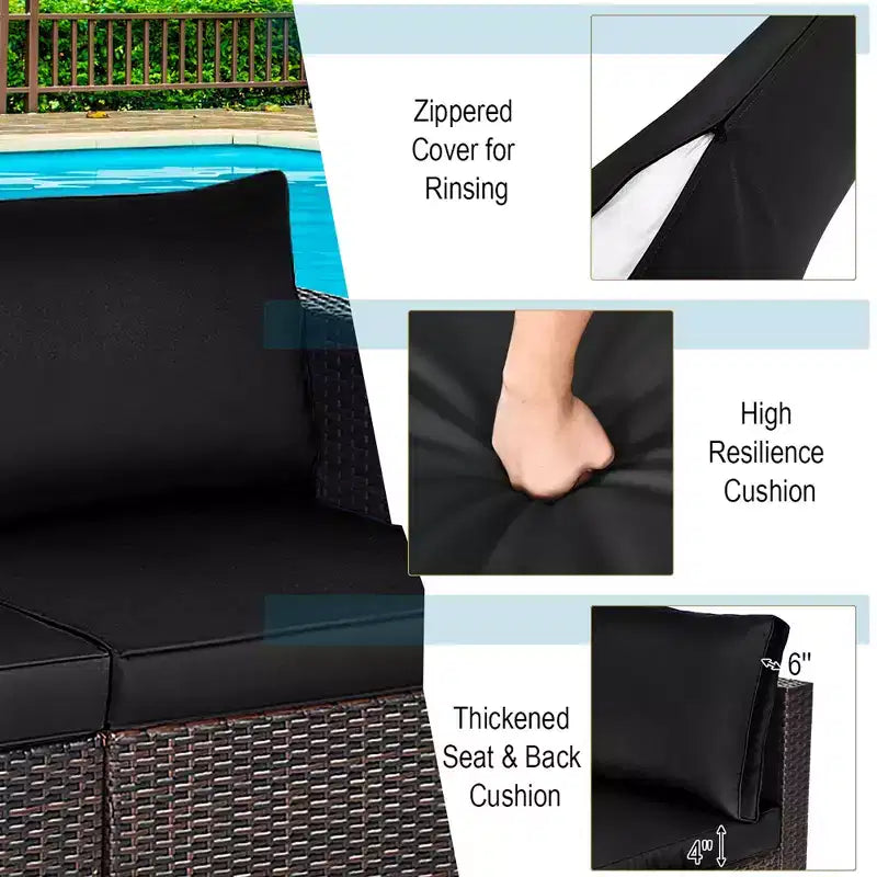 Costway 2PCS Patio Rattan Corner Sofa Sectional Furniture Set Black Cushion Black\Red