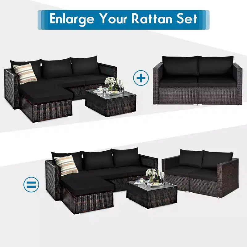 Costway 2PCS Patio Rattan Corner Sofa Sectional Furniture Set Black Cushion Black\Red