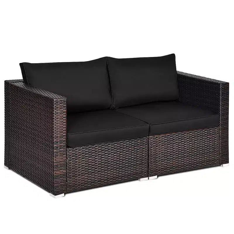 Costway 2PCS Patio Rattan Corner Sofa Sectional Furniture Set Black Cushion Black\Red