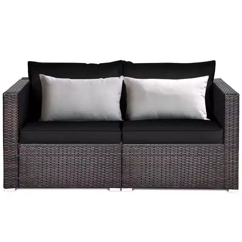 Costway 2PCS Patio Rattan Corner Sofa Sectional Furniture Set Black Cushion Black\Red