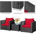 Costway Ensemble de Meubles de Jardin en Rotin 3 pièces Table Basse avec Coussins Rouge\Turquoise\Bleu Marine\Noir