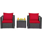 Costway Ensemble de Meubles de Jardin en Rotin 3 pièces Table Basse avec Coussins Rouge\Turquoise\Bleu Marine\Noir