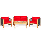 Costway 4PCS Wooden Patio Furniture Set Cushioned Sofa W/Rope Armrest White\Turquoise\Red