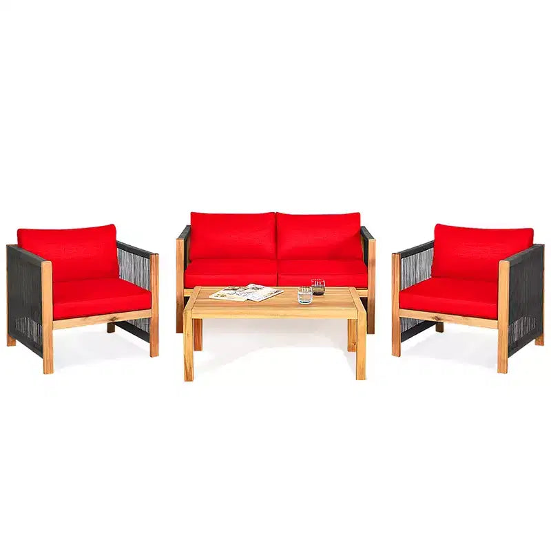 Costway 4PCS Wooden Patio Furniture Set Cushioned Sofa W/Rope Armrest White\Turquoise\Red