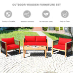 Costway 4PCS Wooden Patio Furniture Set Cushioned Sofa W/Rope Armrest White\Turquoise\Red