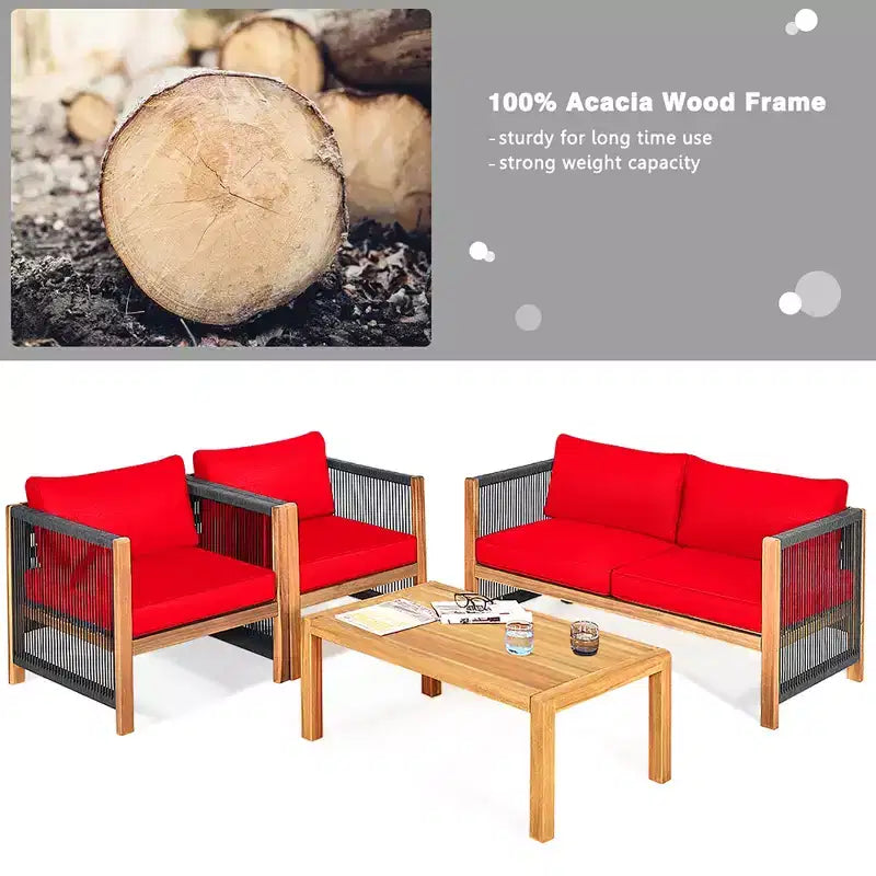 Costway 4PCS Wooden Patio Furniture Set Cushioned Sofa W/Rope Armrest White\Turquoise\Red