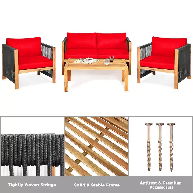 Costway 4PCS Wooden Patio Furniture Set Cushioned Sofa W/Rope Armrest White\Turquoise\Red