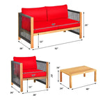 Costway 4PCS Wooden Patio Furniture Set Cushioned Sofa W/Rope Armrest White\Turquoise\Red