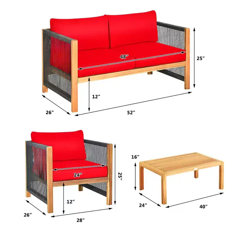 Costway 4PCS Wooden Patio Furniture Set Cushioned Sofa W/Rope Armrest White\Turquoise\Red