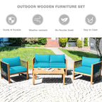 Costway 4PCS Wooden Patio Furniture Set Cushioned Sofa W/Rope Armrest White\Turquoise\Red