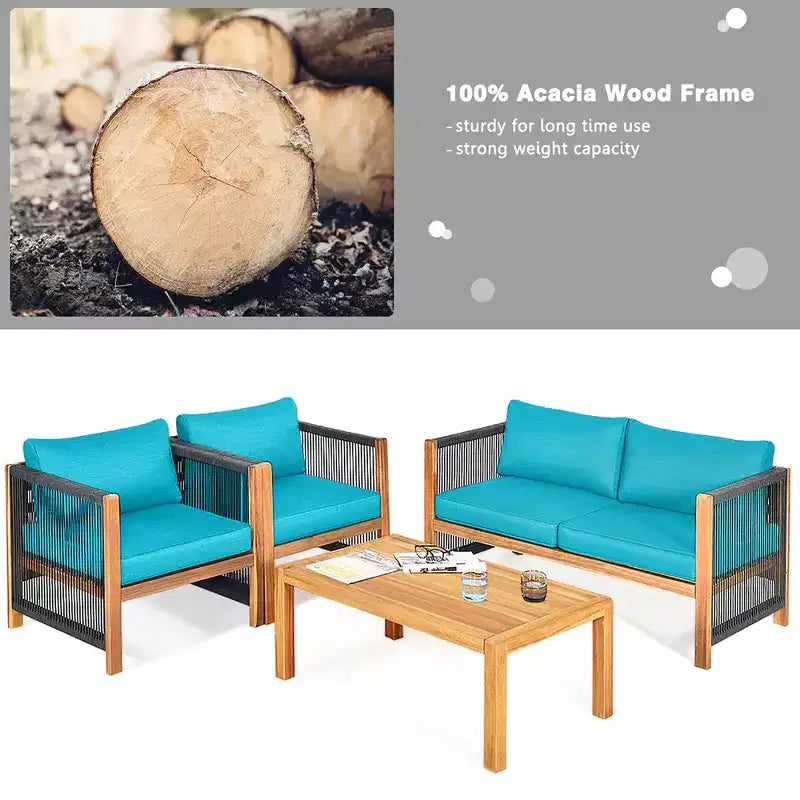 Costway 4PCS Wooden Patio Furniture Set Cushioned Sofa W/Rope Armrest White\Turquoise\Red