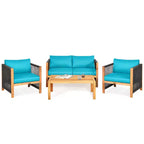 Costway 4PCS Wooden Patio Furniture Set Cushioned Sofa W/Rope Armrest White\Turquoise\Red