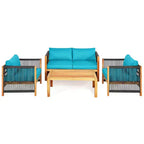 Costway 4PCS Wooden Patio Furniture Set Cushioned Sofa W/Rope Armrest White\Turquoise\Red