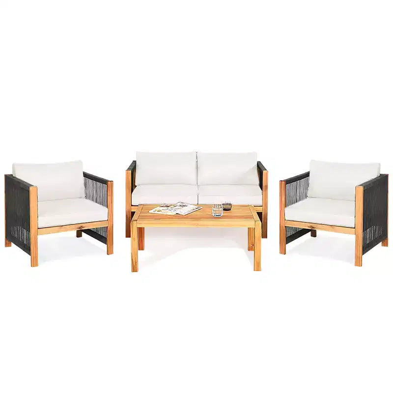 Costway 4PCS Wooden Patio Furniture Set Cushioned Sofa W/Rope Armrest White\Turquoise\Red