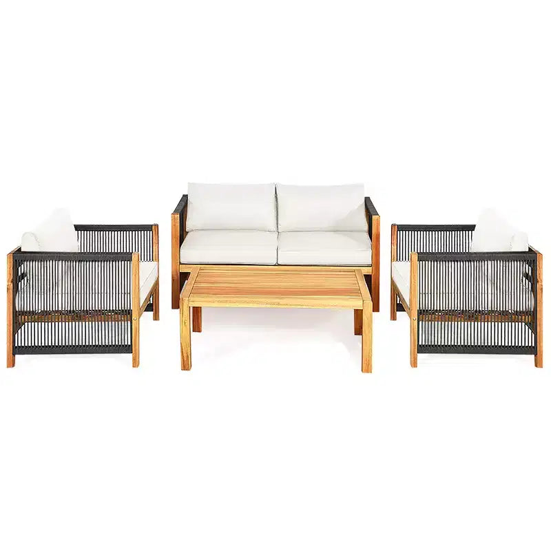 Costway 4PCS Wooden Patio Furniture Set Cushioned Sofa W/Rope Armrest White\Turquoise\Red