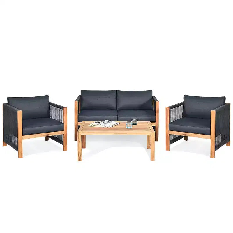 Costway 4PCS Wooden Patio Furniture Set Cushioned Sofa W/Rope Armrest White\Turquoise\Red