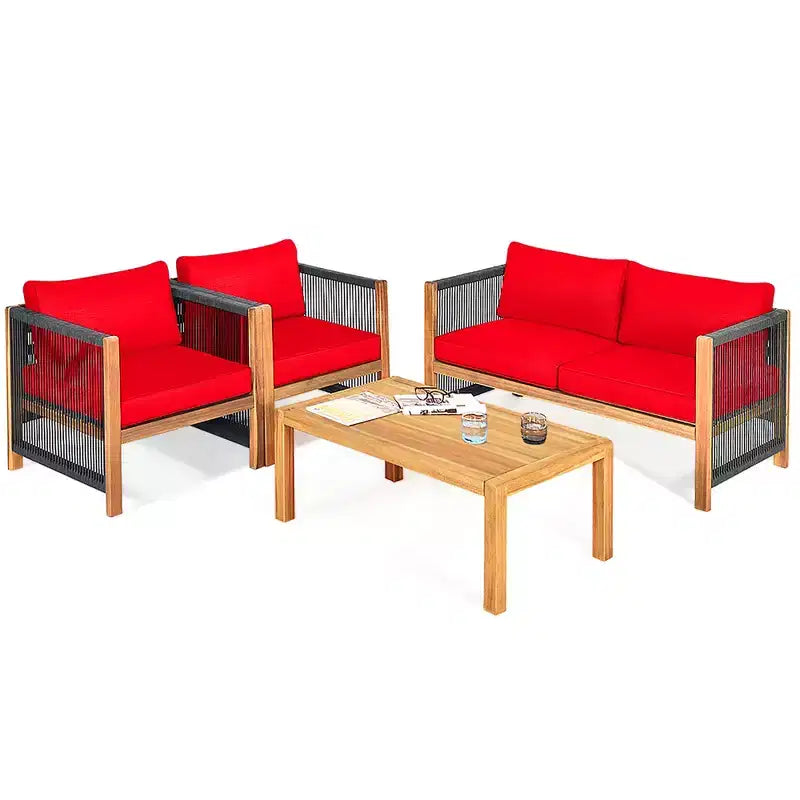 Costway 8PCS Wooden Patio Furniture Set Cushioned Sofa W/Rope Armrest White\Turquoise\Red