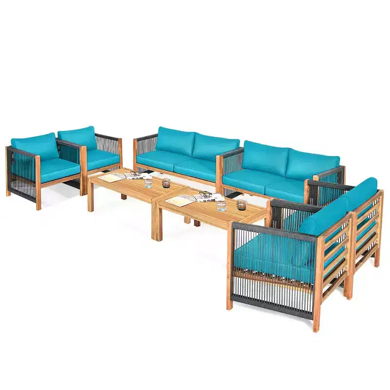 Costway 8PCS Wooden Patio Furniture Set Cushioned Sofa W/Rope Armrest White\Turquoise\Red