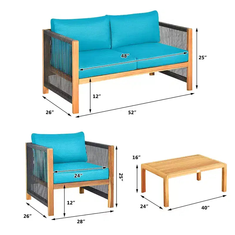 Costway 8PCS Wooden Patio Furniture Set Cushioned Sofa W/Rope Armrest White\Turquoise\Red
