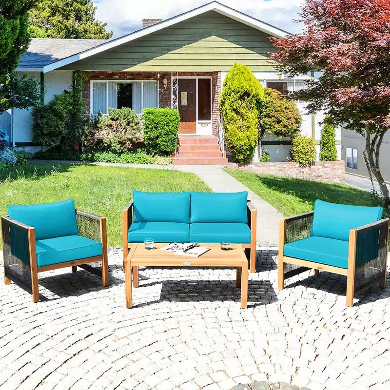 Costway 8PCS Wooden Patio Furniture Set Cushioned Sofa W/Rope Armrest White\Turquoise\Red
