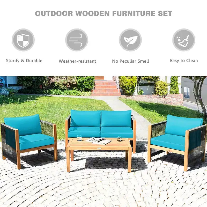 Costway 8PCS Wooden Patio Furniture Set Cushioned Sofa W/Rope Armrest White\Turquoise\Red