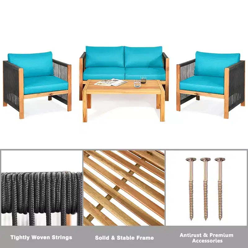 Costway 8PCS Wooden Patio Furniture Set Cushioned Sofa W/Rope Armrest White\Turquoise\Red