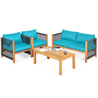 Costway 8PCS Wooden Patio Furniture Set Cushioned Sofa W/Rope Armrest White\Turquoise\Red