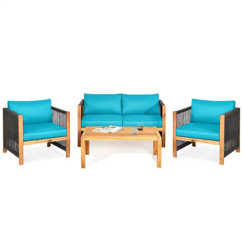 Costway 8PCS Wooden Patio Furniture Set Cushioned Sofa W/Rope Armrest White\Turquoise\Red